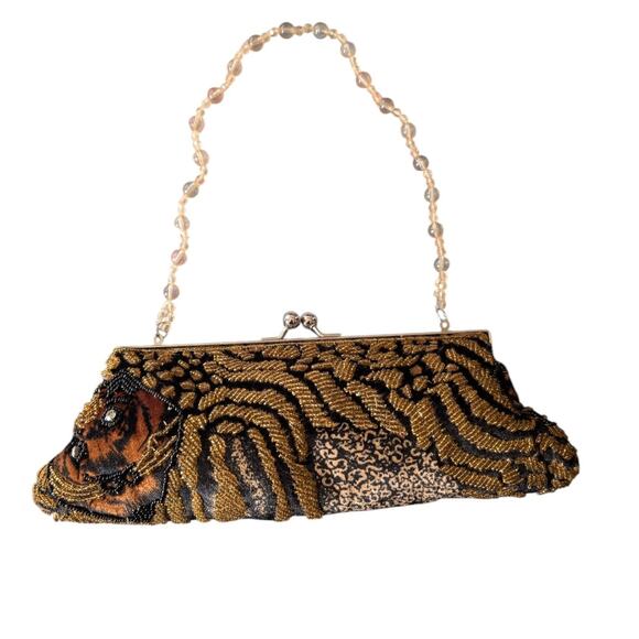 Vintage Tiger Print Beaded Embroidered Kiss Lock Clutch Purse - Picture 1 of 9